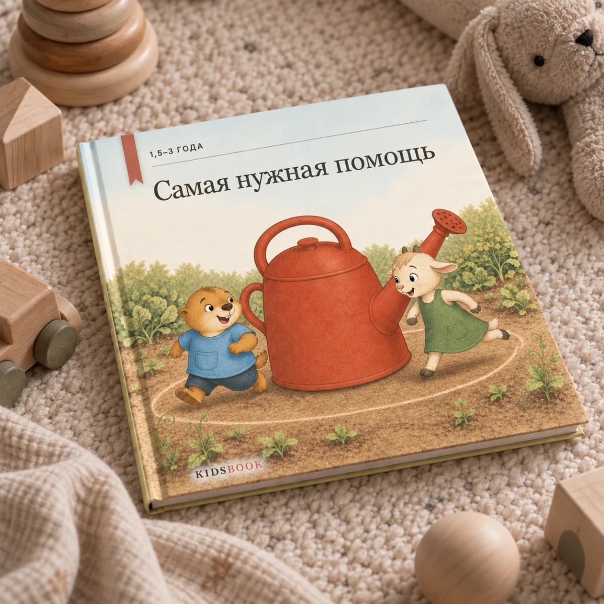 Напечатанная книга «Самая нужная помощь» на ковре среди игрушек